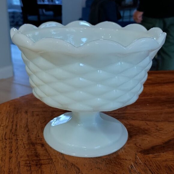 Vintage Milk Glass Diamond Weave Pattern Pedestal Bowl - Picture 8 of 8